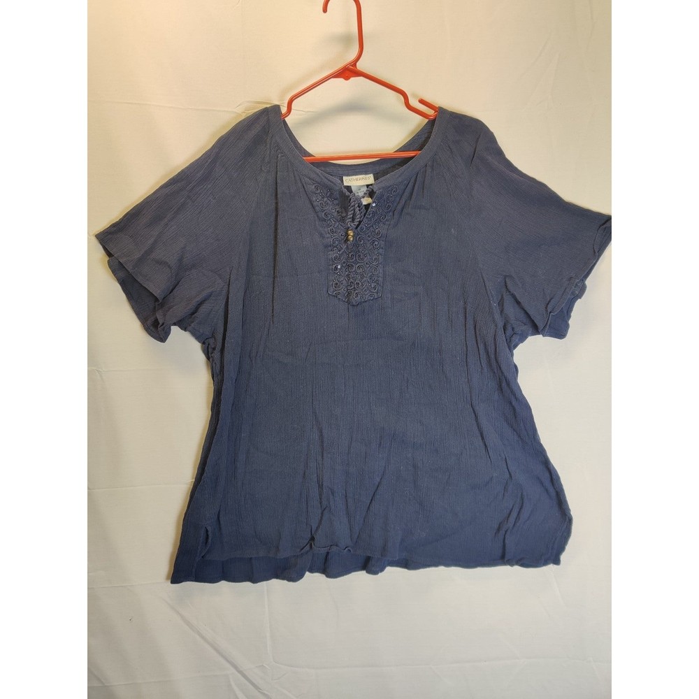 Catherines Women's Tunic Blue Sz 1X Cotton Short Sleeve Collarless Comfort